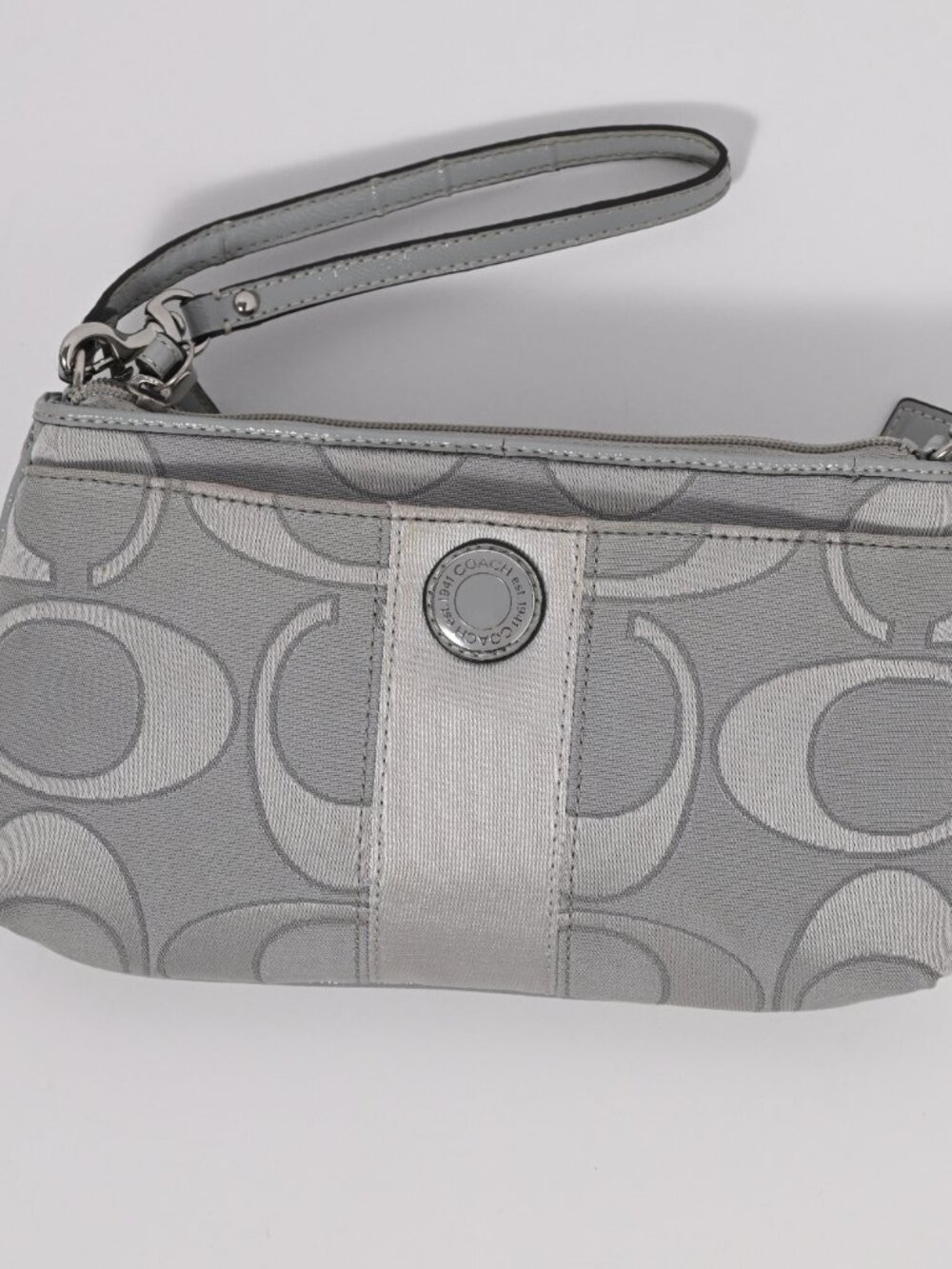 Coach gray signature wristlet zip pouch with adjustable dual strap